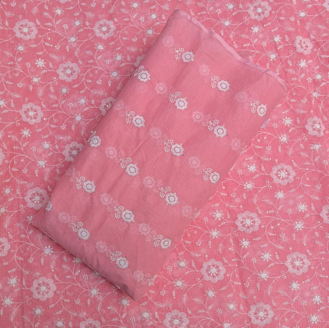 5 Mtr Pink Color Cotton Kota Doria Thread Embroidered Fabric Set