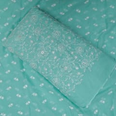 5 Mtr Sea Green Cotton Kota Doria Thread Embroidered Fabric Set