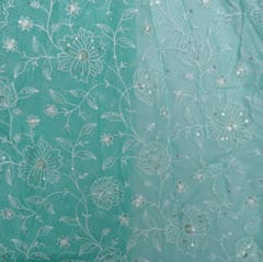 5 Mtr Sea Green Cotton Kota Doria Thread Embroidered Fabric Set