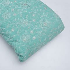 5 Mtr Sea Green Cotton Kota Doria Thread Embroidered Fabric Set