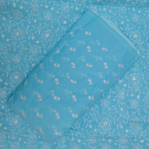 5 Mtr Firozi Cotton Kota Doria Thread Embroidered Fabric Set