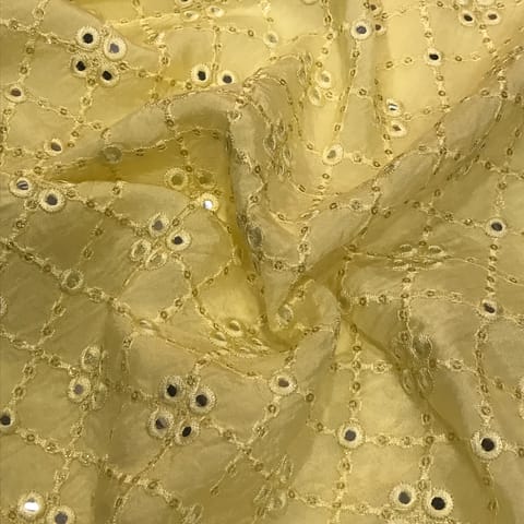 Lemon color Upada Silk Faux Mirror Embroidered Fabric