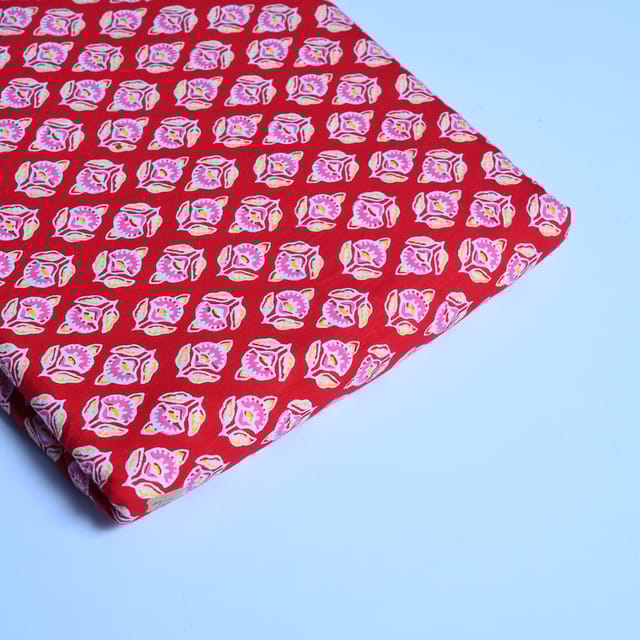 Red Color Floral Cotton Block Printed Fabric