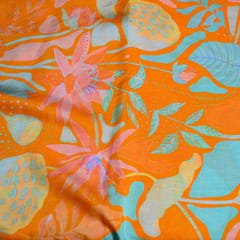 Orange Color Kalamkari Floral Pattern Japan Cotton Silk Fabric