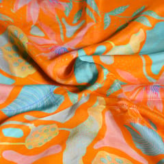 Orange Color Kalamkari Floral Pattern Japan Cotton Silk Fabric