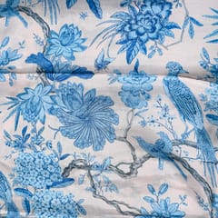 White and Blue Color Traditional Floral Printed Muslin Fabric