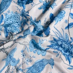 White and Blue Color Traditional Floral Printed Muslin Fabric