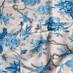 White and Blue Color Traditional Floral Printed Muslin Fabric