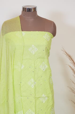 Green Color Cotton Print with Embroidered Shirt with Bottom and Chiffon Dupatta