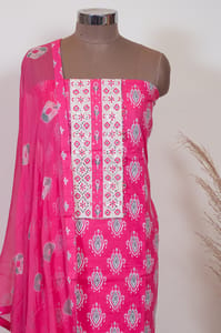 Majenta Color Cotton Print with Embroidered Shirt with Bottom and Chiffon Dupatta