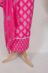 Majenta Color Cotton Print with Embroidered Shirt with Bottom and Chiffon Dupatta