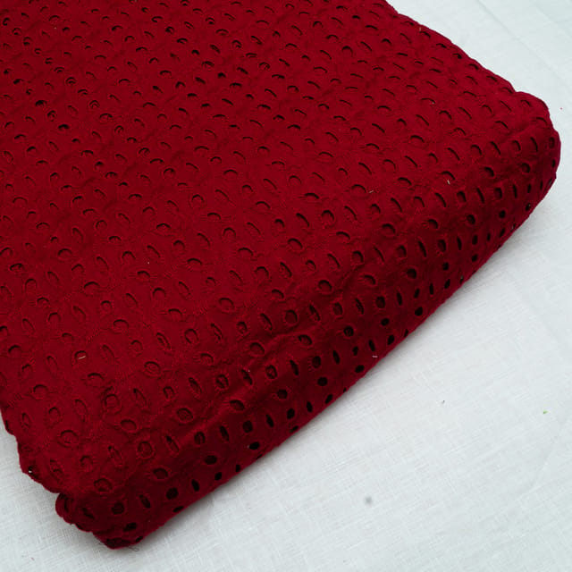 Maroon Color Cotton Chikan Embroidered Fabric
