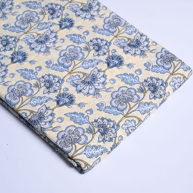Cream and Blue Color Unisexual Cotton Printed Fabric