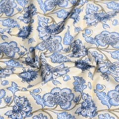 Cream and Blue Color Unisexual Cotton Printed Fabric