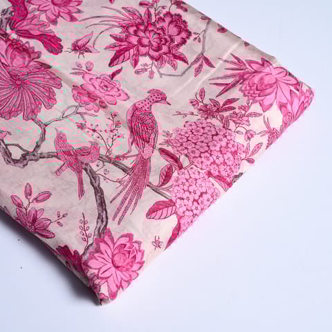 White and Pink Color Traditional Floral Printed Muslin Fabric (1.30Meter Piece)