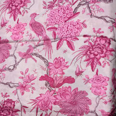 White and Pink Color Traditional Floral Printed Muslin Fabric (1.30Meter Piece)
