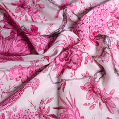 White and Pink Color Traditional Floral Printed Muslin Fabric (1.30Meter Piece)