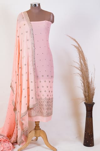 Peach Color Georgette Pleat Embroidered Fabric with Georgette Embroidered Dupatta Set