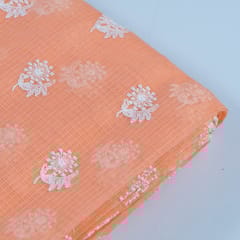 Peach Color Pure Kota Thread Embroidered Fabric (1.10Meter Piece)