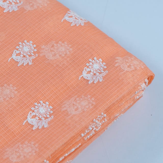 Peach Color Pure Kota Thread Embroidered Fabric (1.10Meter Piece)