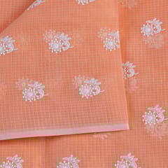 Peach Color Pure Kota Thread Embroidered Fabric (1.10Meter Piece)