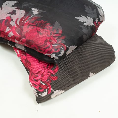 Brown Color Satin Pleated Fabric with Printed Organza Dupatta Set