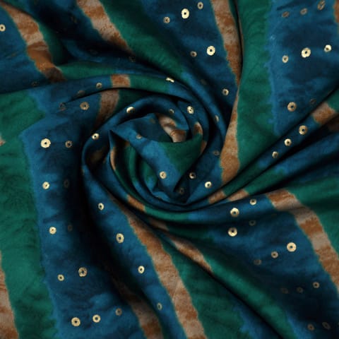 Blue & Green Stripes Print Chanderi Fabric