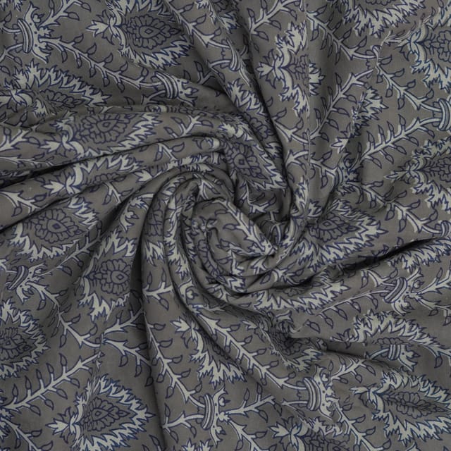 Grey With White Shades Floral Geometric Printed Dabu Cotton Fabric