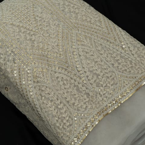 White Color Dyeable Net Sequins and Thread Embroidered Fabric