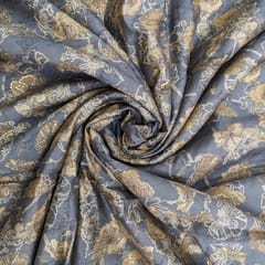 Grey With Golden Floral Muslin Print Fabric