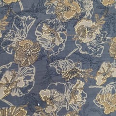 Grey With Golden Floral Muslin Print Fabric