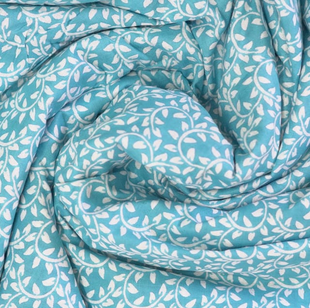 Sky Blue White Floral Printed Cotton Fabric