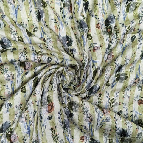 Light Green , Pista Shades Stripes Floral Rayon Capsule Print Fabric