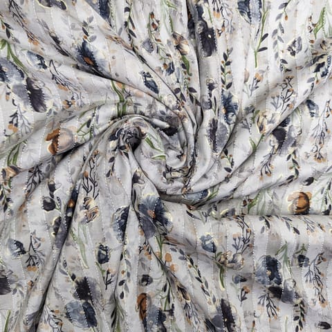Light Grey Shades Stripes Floral Rayon Capsule Print Fabric