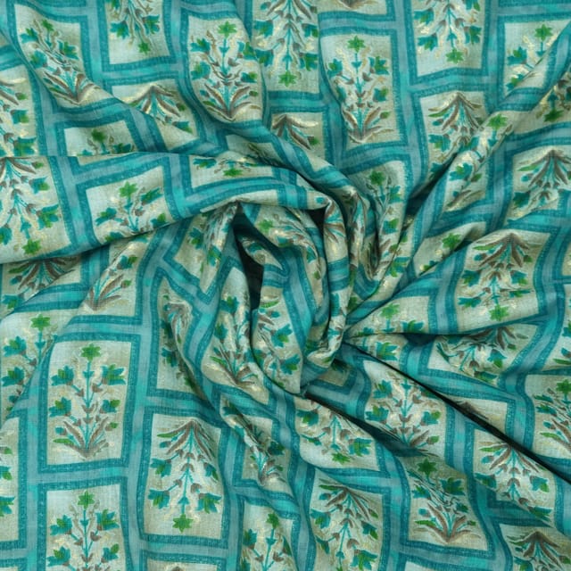 Blue With Multicolor Shades Floral Printed Rayon Capsule Foil Fabric