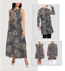 Grey With Golden Floral Muslin Print Fabric