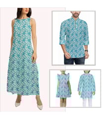Sky Blue White Floral Printed Cotton Fabric