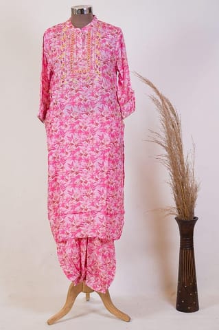 Pink Color Muslin Print with Embroidered Shirt with Muslin Afgani Salwar