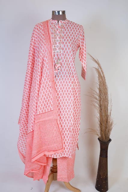 Cream Color Cotton Printed Kurta with Pant and Cotton Dupatta