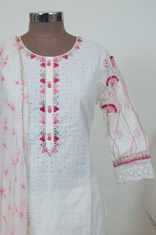 Cream Color Cotton Chikan Kurta with Pant and Dupatta