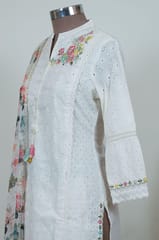 Cream Color Cotton Chikan Kurta with Pant and Organza Dupatta