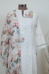 Cream Color Cotton Chikan Kurta with Pant and Organza Dupatta