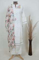 Cream Color Cotton Chikan Kurta with Pant and Organza Dupatta