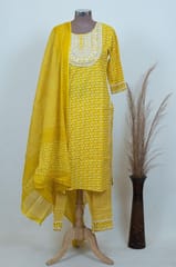 Yellow Color Cotton Printed Kurta with pant and Dupatta Set