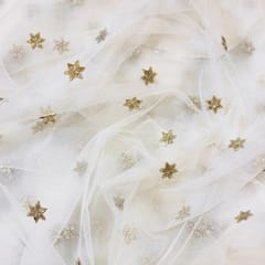White dyeable Net  Golden Star Booti Embroidered Fabric