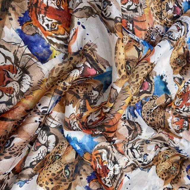 Multi Tiger Tabby Silk Digital Print Fabric