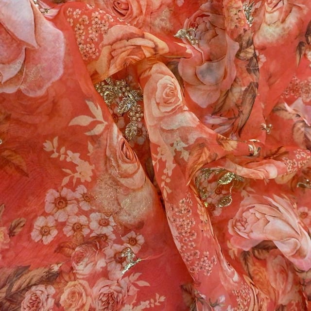 Orangish-Peach Coloured Organza Embroidered Fabric print
