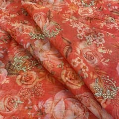 Orangish-Peach Coloured Organza Embroidered Fabric print