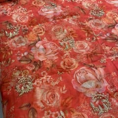 Orangish-Peach Coloured Organza Embroidered Fabric print