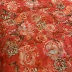 Orangish-Peach Coloured Organza Embroidered Fabric print